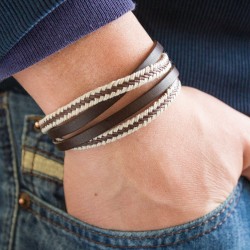 engraved leather and rope bracelet steel