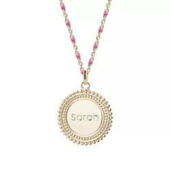 Collier médaille perlée chaine émaillée rose - Plaqué or