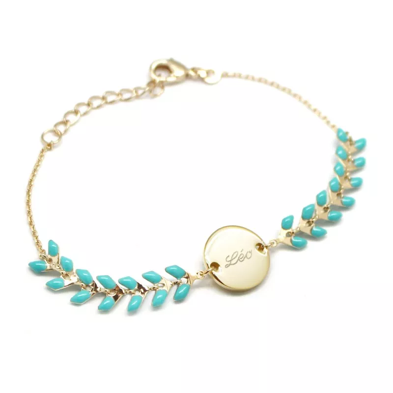 Bracelet chaine épis émaillés turquoises - Plaqué or