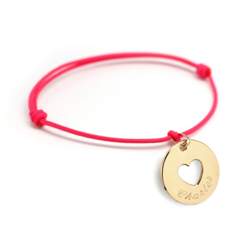 Bracelet cordon médaille cœur à graver - plaqué or - Petits Trésors