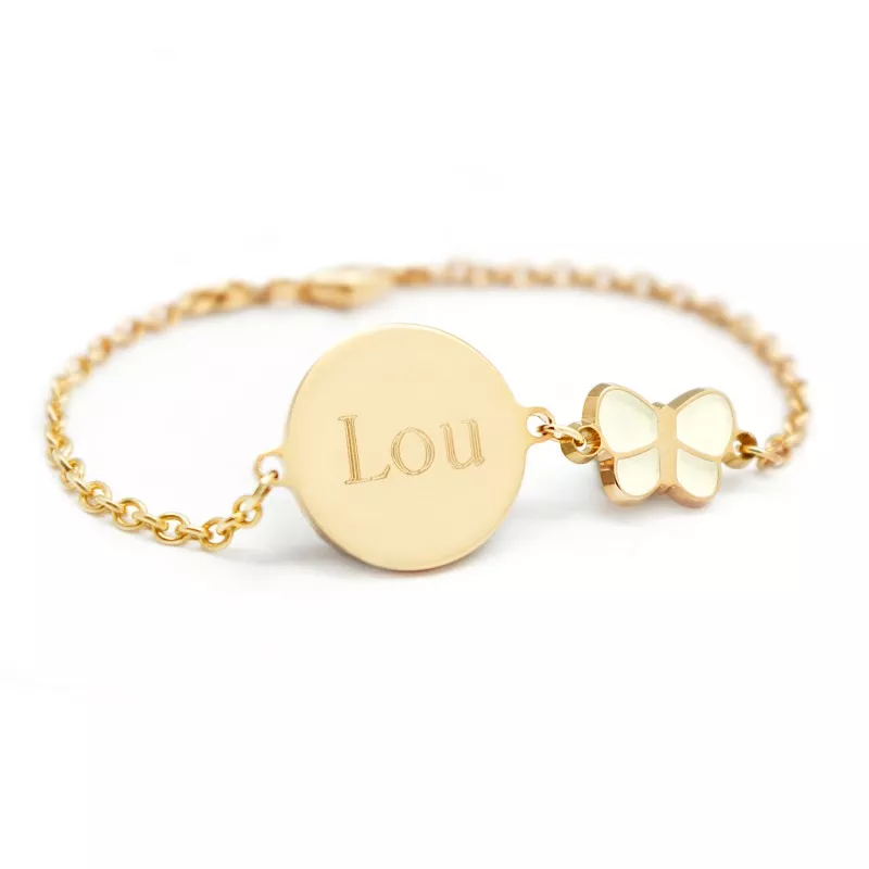 Bracelet gravé papillon laqué ivoire plaqué or