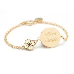 Bracelet trèfle laquée médaille gravée plaqué or