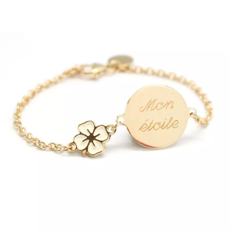 Bracelet trèfle laquée médaille gravée plaqué or